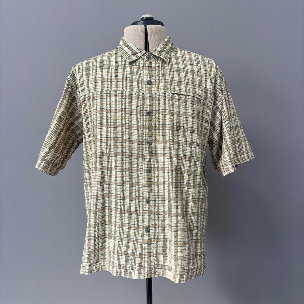 Alpine Design Mens Tan and Brown Plaid Short Sleeve Button Front Shirt XL
